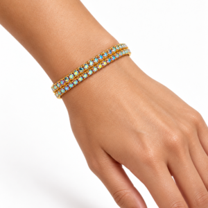Main: Gold Plated Double Row Crystal Bracelet Top: Gold plated double row crystal bracelet top view Left: Double row crystal bracelet left angle Right: Double row crystal bracelet right angle Detail: Multicolour crystal bracelet close-up Hand: Gold plated crystal bracelet worn on wrist