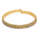 Main: Gold Plated Double Row Crystal Bracelet Top: Gold plated double row crystal bracelet top view Left: Double row crystal bracelet left angle Right: Double row crystal bracelet right angle Detail: Multicolour crystal bracelet close-up Hand: Gold plated crystal bracelet worn on wrist