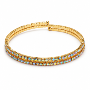 Main: Gold Plated Double Row Crystal Bracelet Top: Gold plated double row crystal bracelet top view Left: Double row crystal bracelet left angle Right: Double row crystal bracelet right angle Detail: Multicolour crystal bracelet close-up Hand: Gold plated crystal bracelet worn on wrist