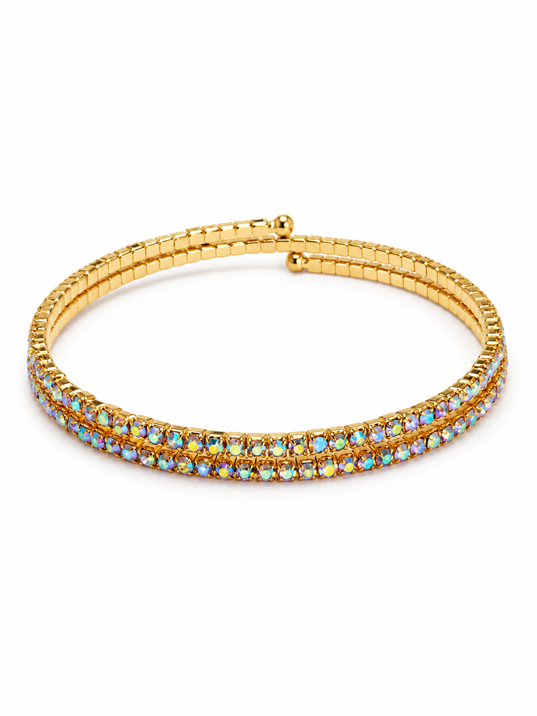 Braclate Main: Gold Plated Double Row Crystal Bracelet Top: Gold plated double row crystal bracelet top view Left: Double row crystal bracelet left angle Right: Double row crystal bracelet right angle Detail: Multicolour crystal bracelet close-up Hand: Gold plated crystal bracelet worn on wrist
